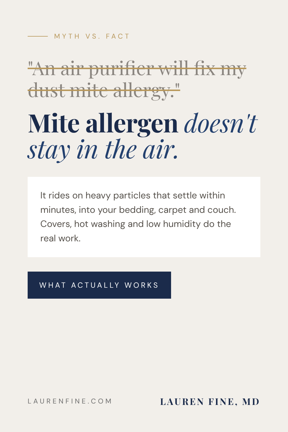 Myth: an air purifier will fix a dust mite allergy. Fact: mite allergen settles into bedding, carpet and furniture within minutes.