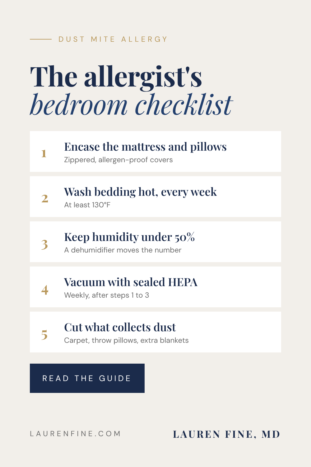The allergist's bedroom checklist for dust mite allergy: encase, wash hot, keep humidity under 50 percent, vacuum with HEPA, cut what collects dust.