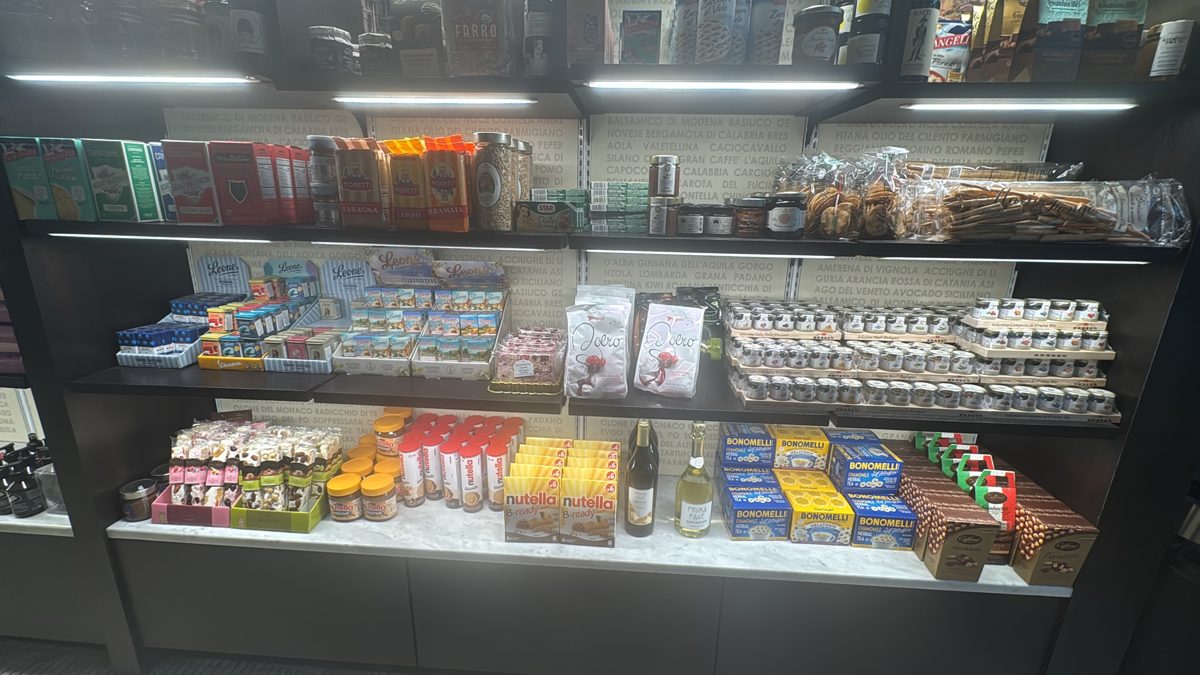 Italian cookies, Nutella and pantry goods in the market at Gran Caffe L'Aquila